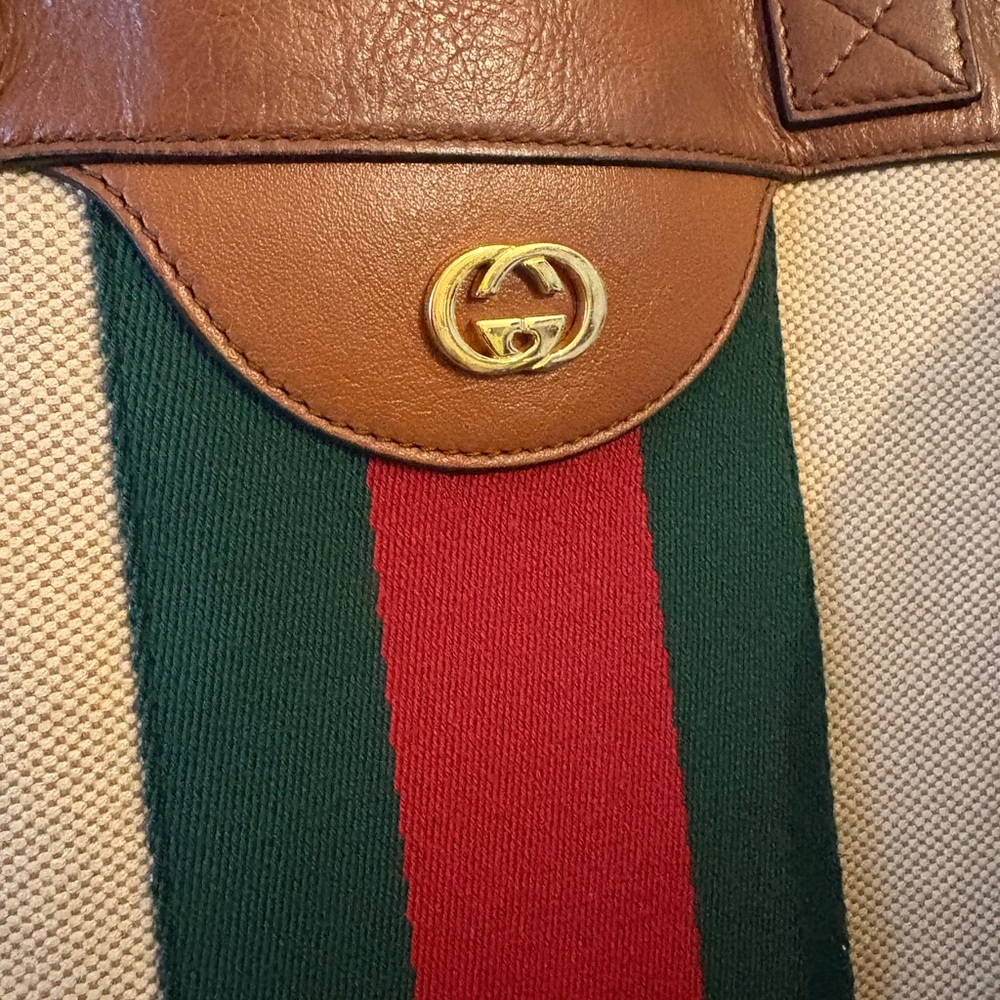 GUCCI Tan and Brown Canvas Tote with Red and Green Stripe - Picture 6 of 6